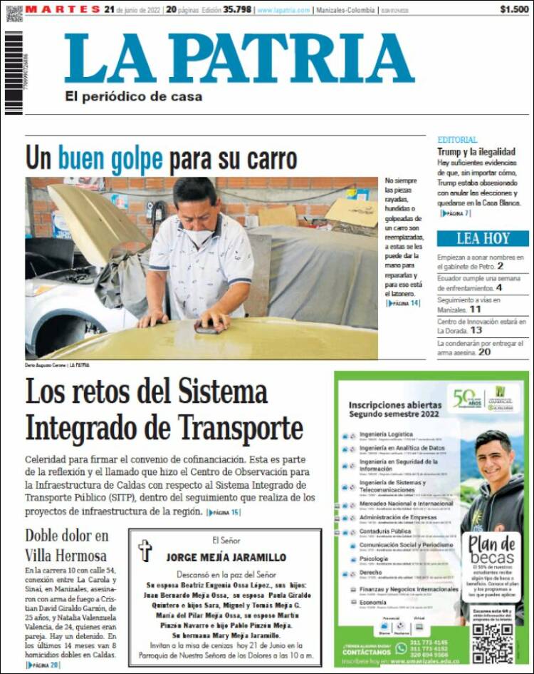 Portada de La Patria (Colombia)