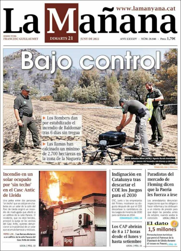 Portada de La Mañana - Diari de Ponent (Espagne)