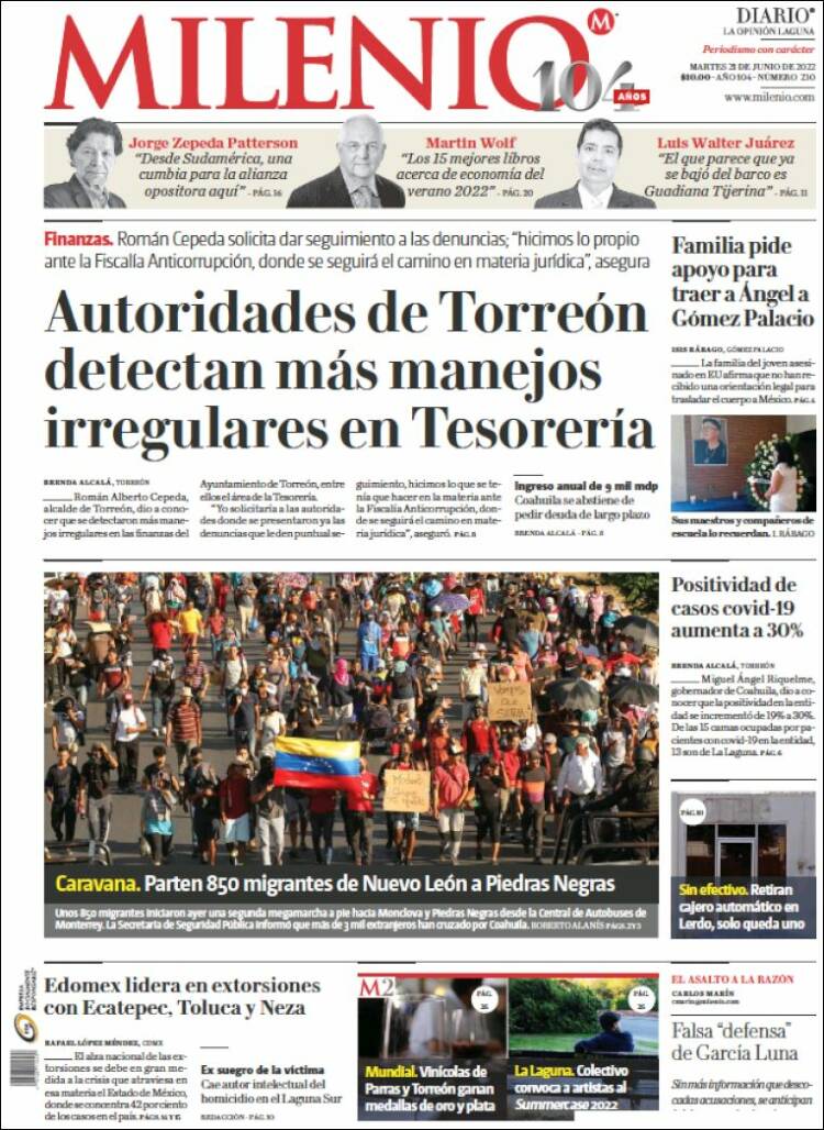 Portada de Milenio - Laguna (México)