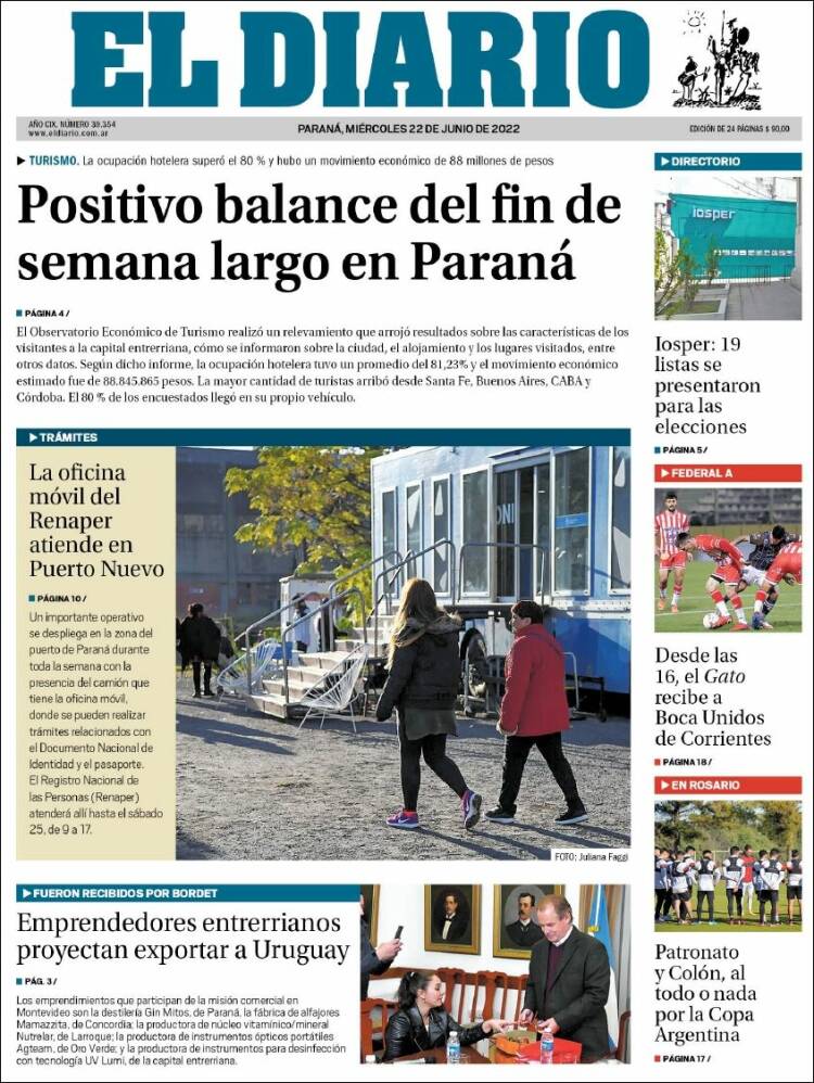 Portada de El Diario de Paraná (Argentina)
