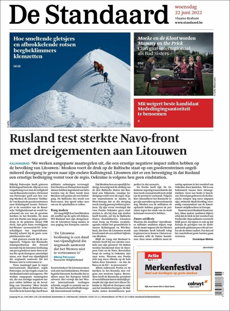 Portada de De Standaard (B&eacute;lgica)
