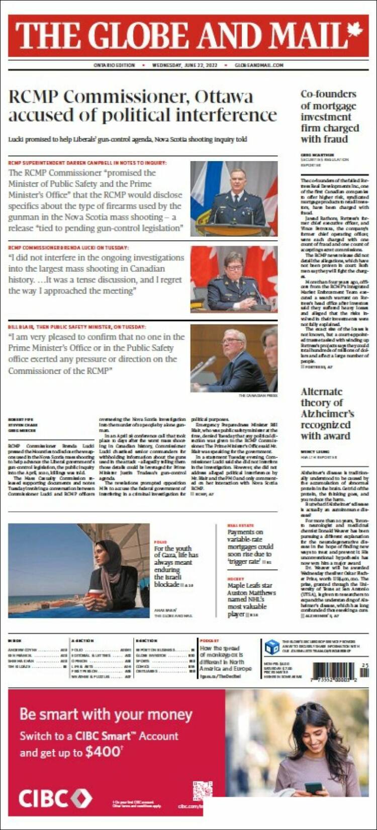 Portada de The Globe and Mail (Canada)