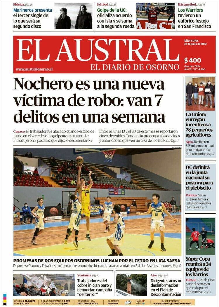 Portada de El Austral de Osorno (Chile)