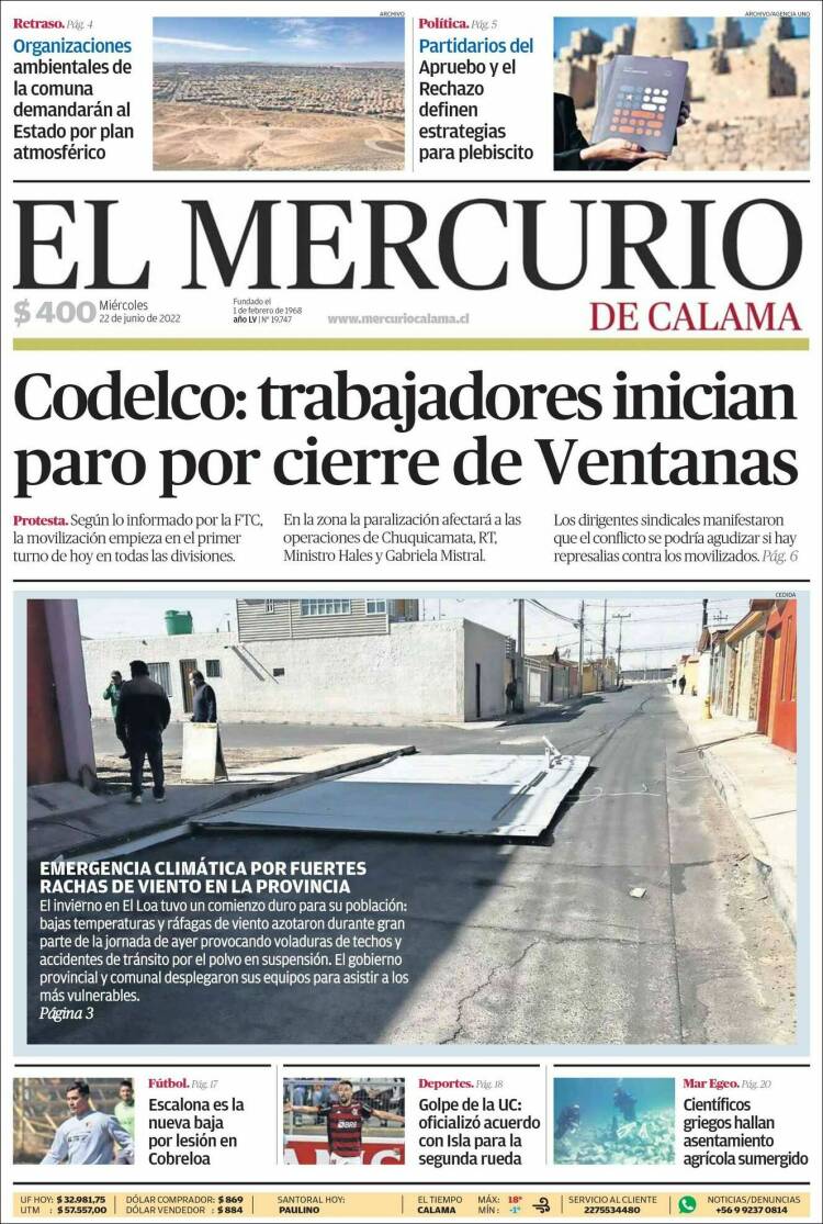 Portada de El Mercurio - Calama (Chile)