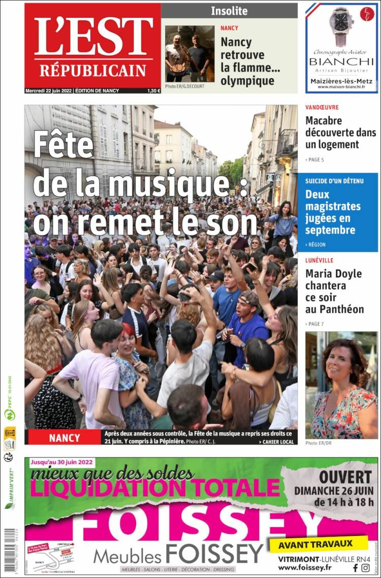 Portada de L'Est Republicain (Francia)