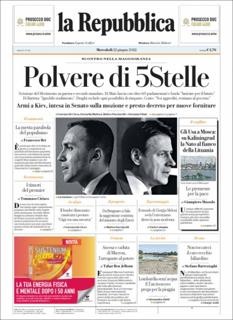 Portada de La Repubblica (Italia)