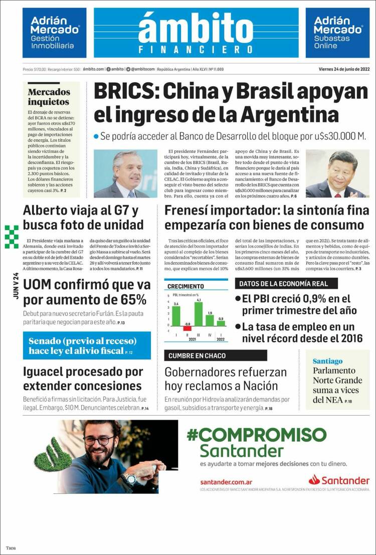 Portada de Diario Ambito Financiero (Argentina)