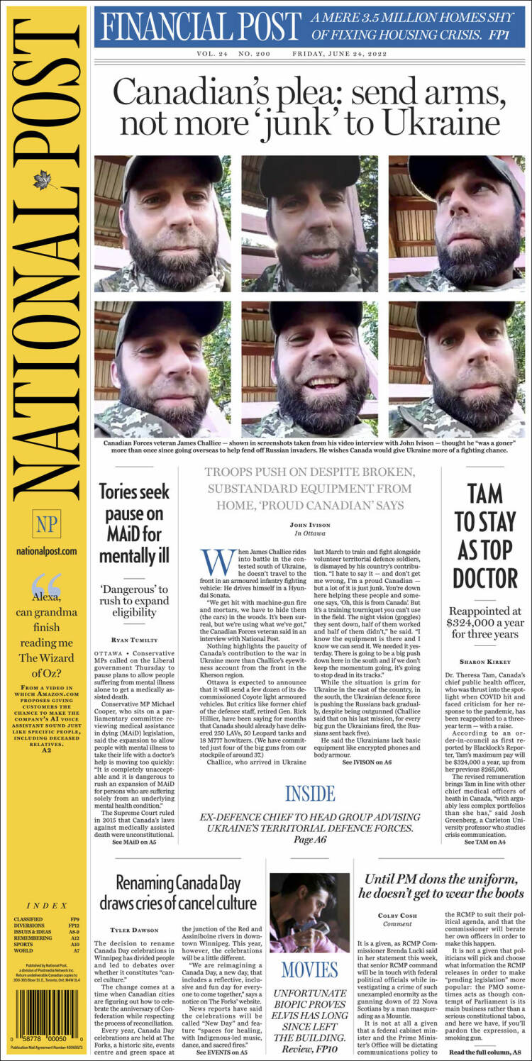 Portada de The National Post (Canadá)