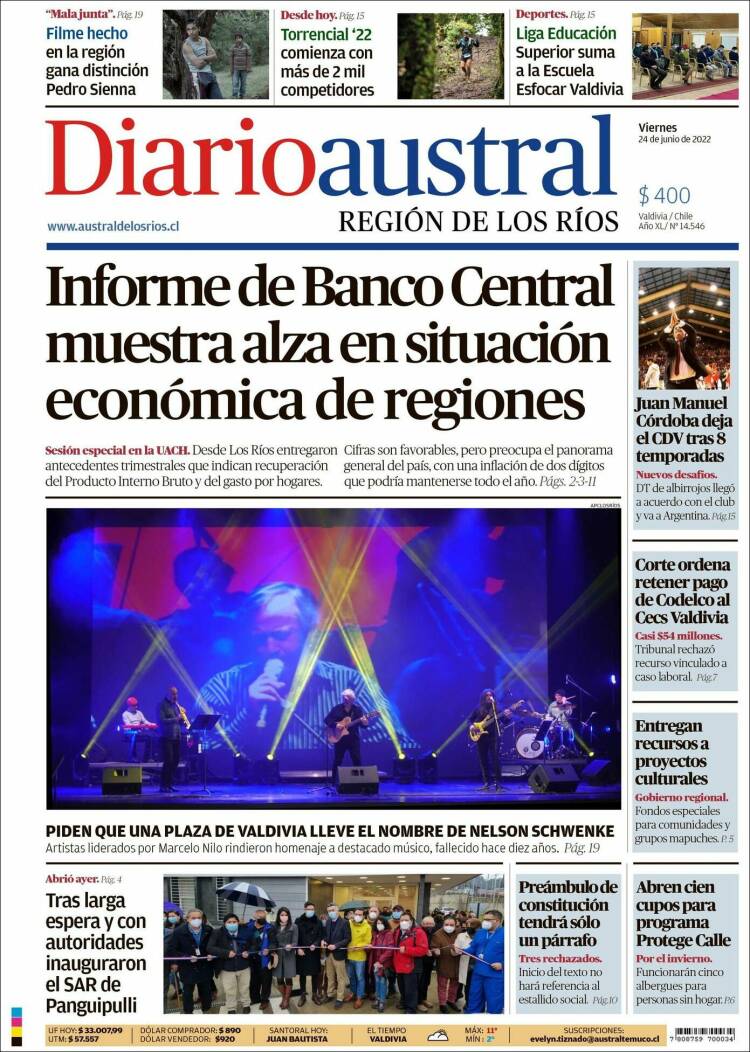 Portada de El Diario Austral de Valdivia (Chile)