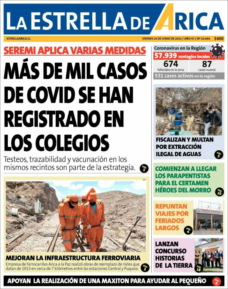 Portada de La Estrella de Arica (Chile)