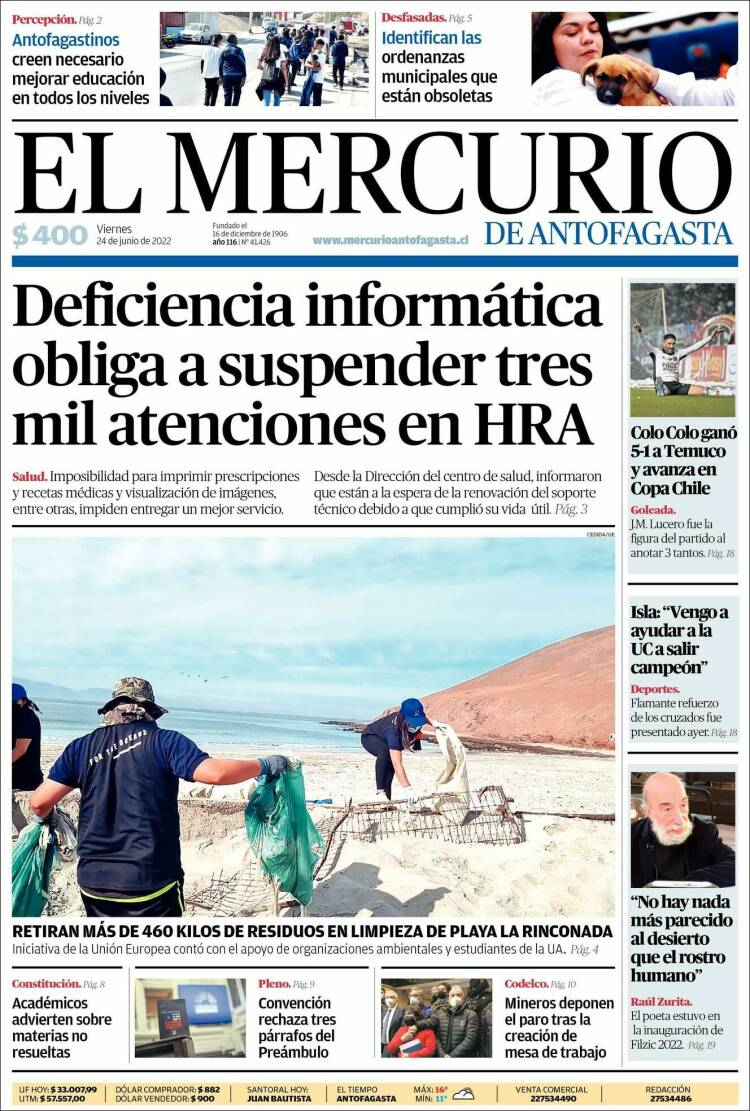 Portada de El Mercurio de Antofagasta (Chile)