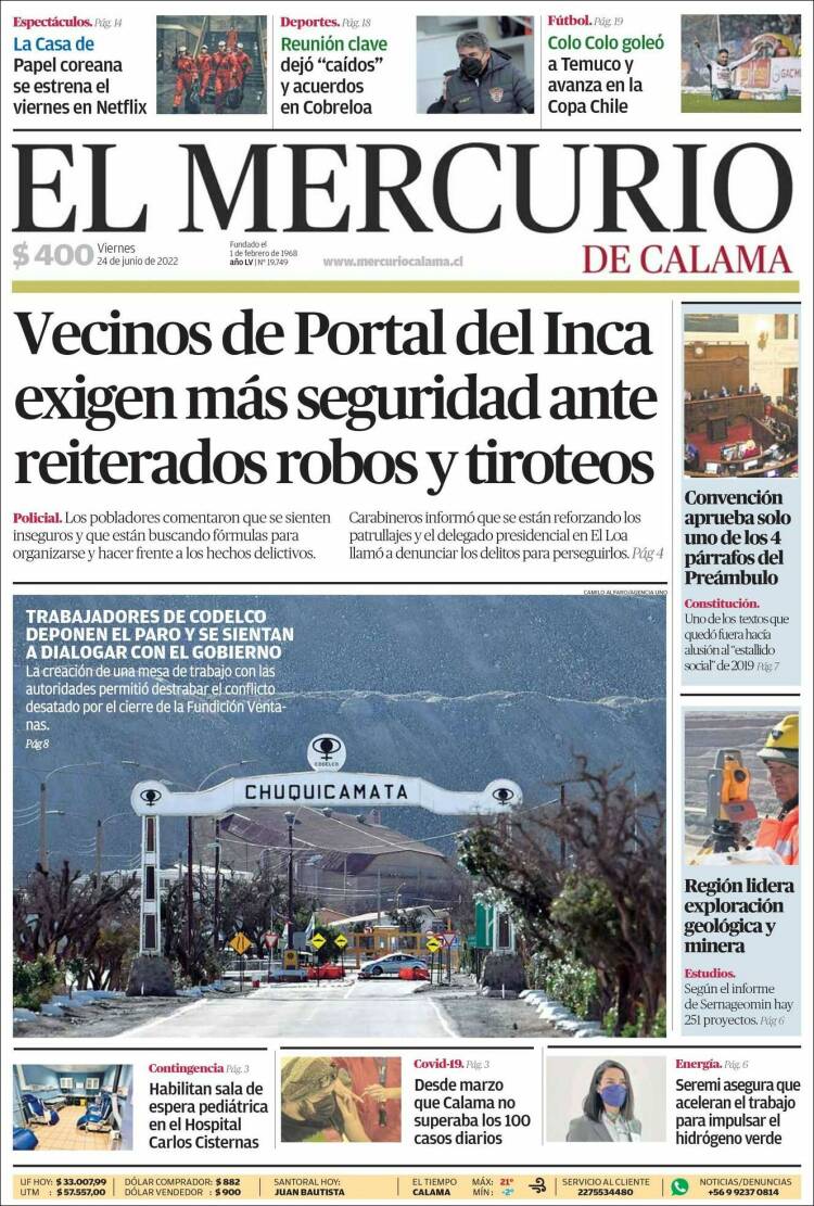 Portada de El Mercurio - Calama (Chile)