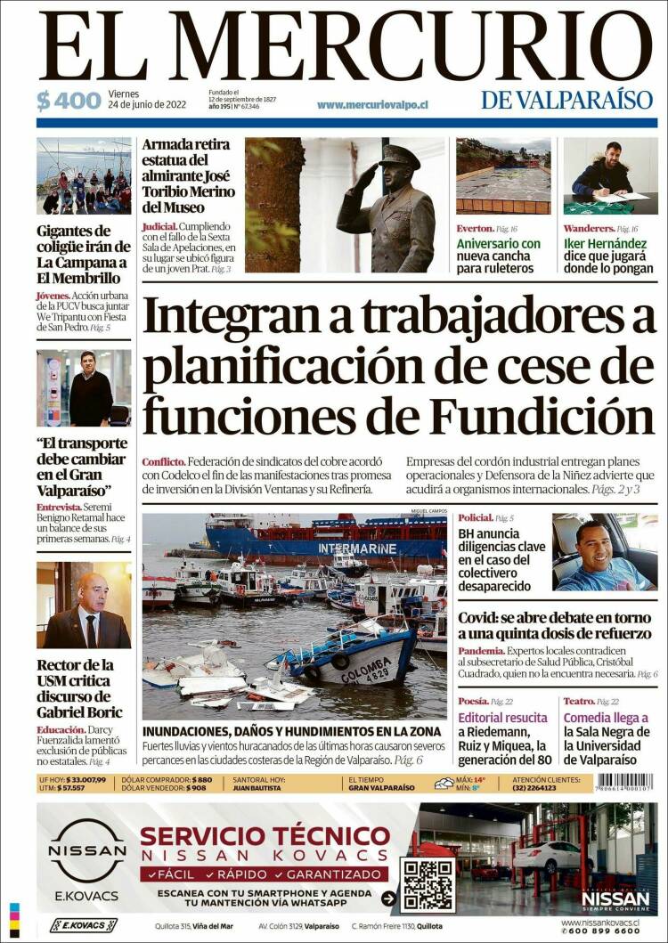 Portada de Mercurio de Valparaiso (Chile)