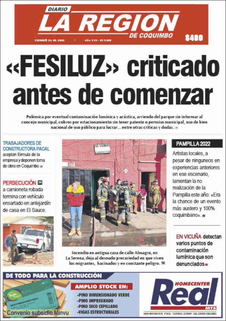 Portada de Diario La Región de Coquimbo (Chile)