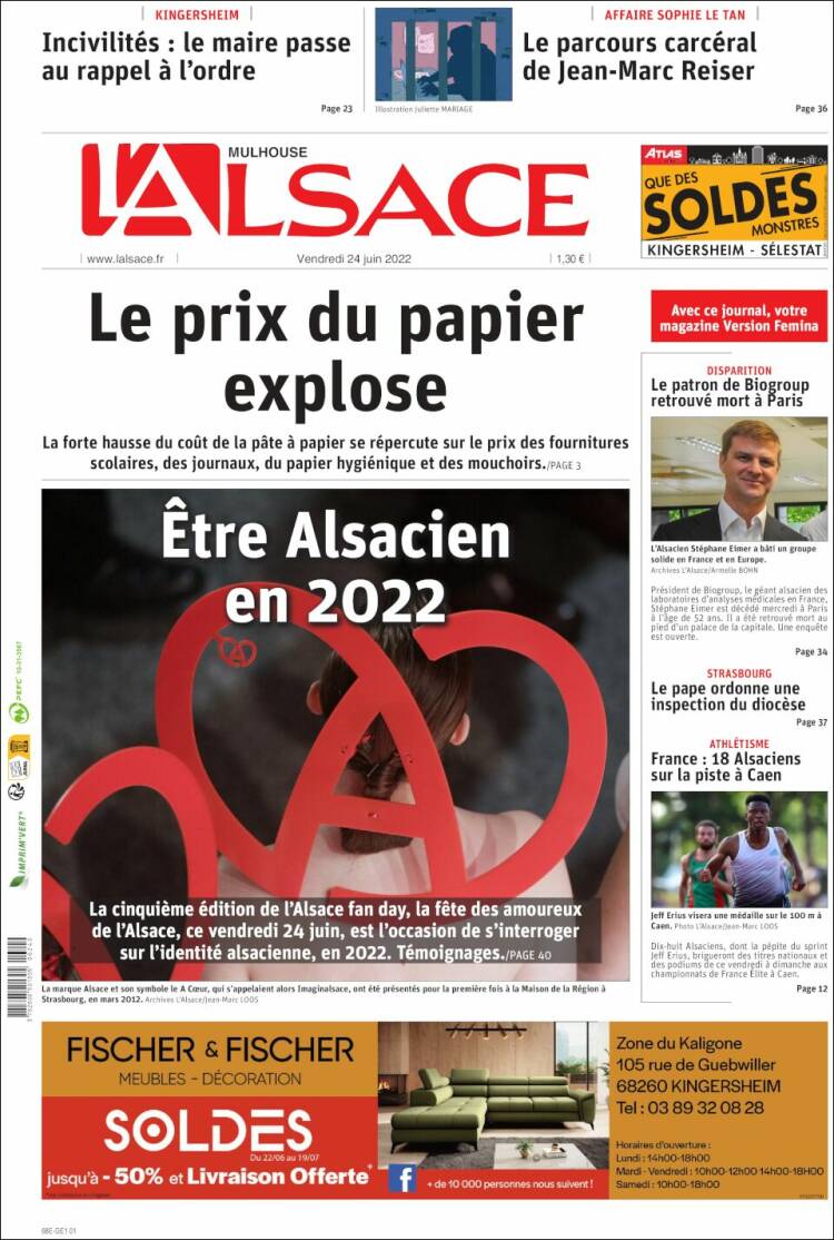 Portada de Journal L'Alsace (Francia)