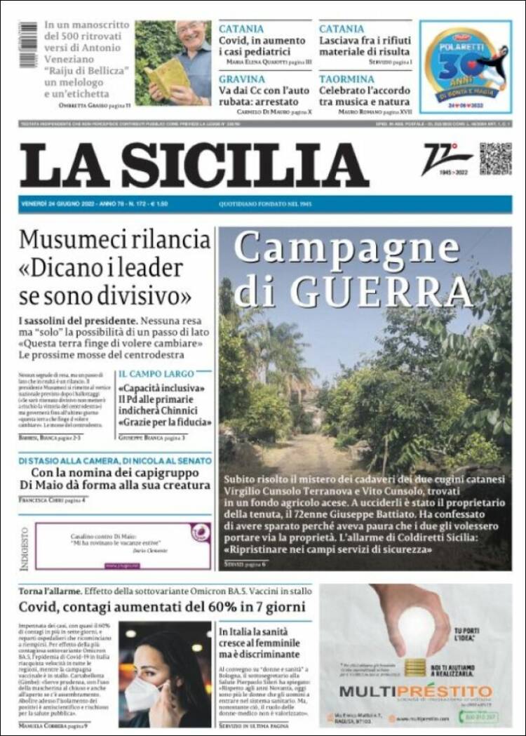 Portada de La Sicilia (Italia)