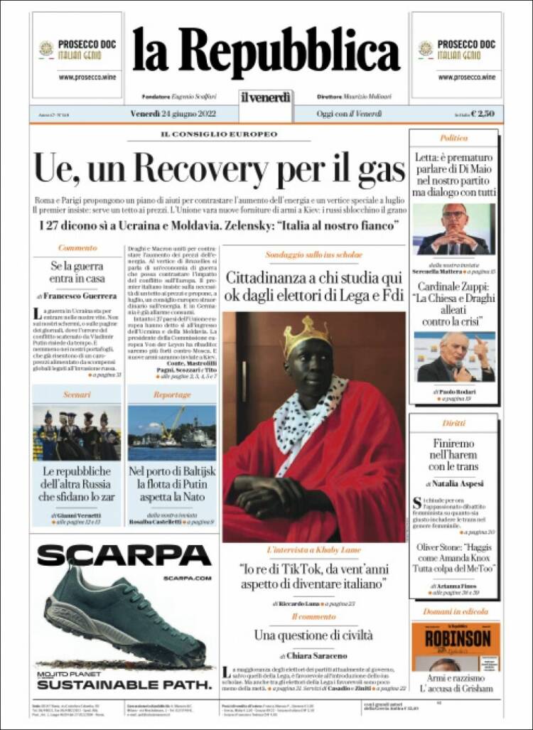 Portada de La Repubblica (Italia)