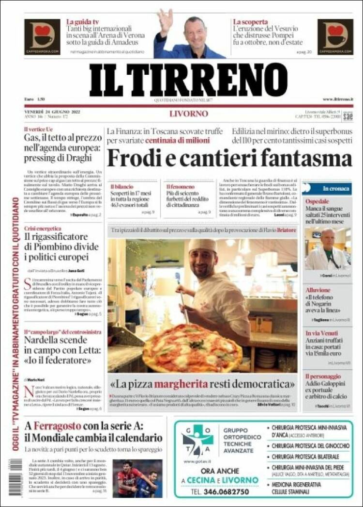 Portada de Il Tirreno (Italia)