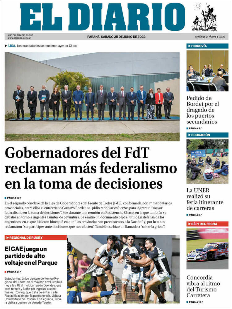 Portada de El Diario de Paraná (Argentina)