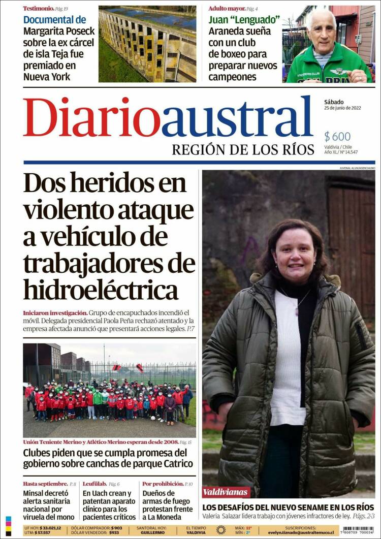 Portada de El Diario Austral de Valdivia (Chile)