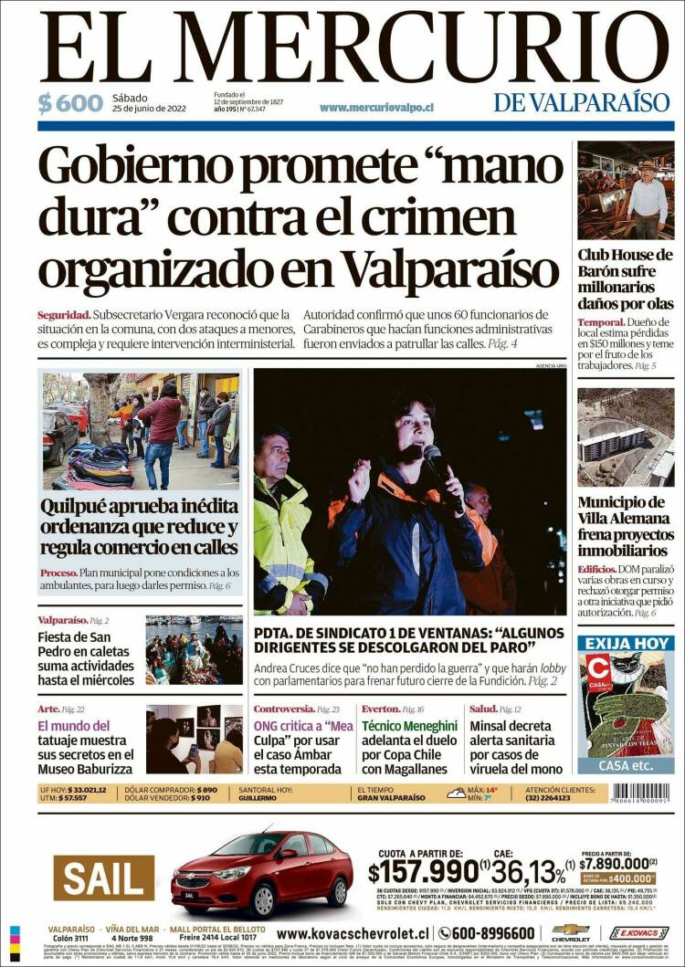 Portada de Mercurio de Valparaiso (Chile)