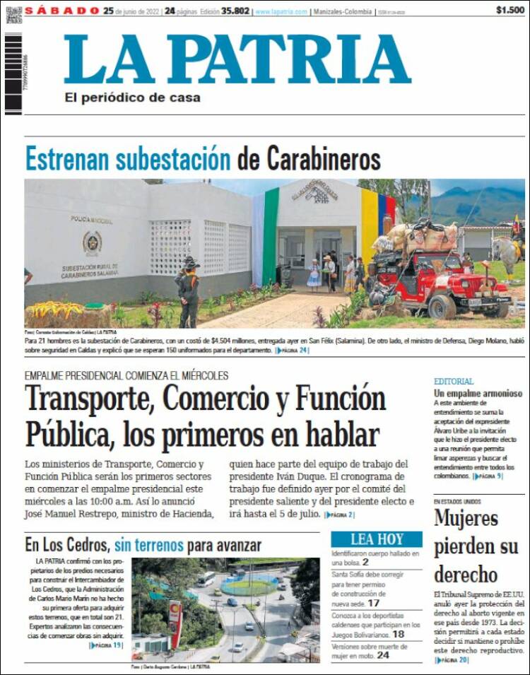 Portada de La Patria (Colombia)