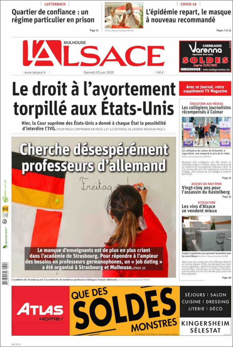 Portada de Journal L'Alsace (Francia)
