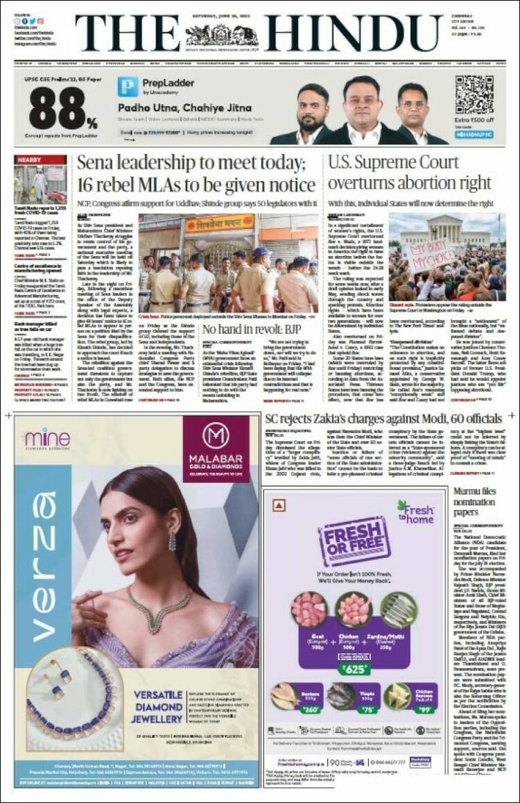 Portada de The Hindu (India)