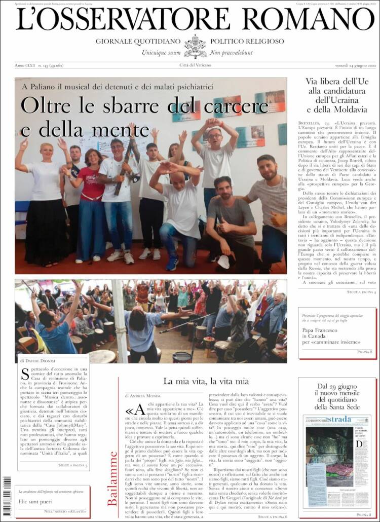 Portada de L'Osservatore Romano (Italia)