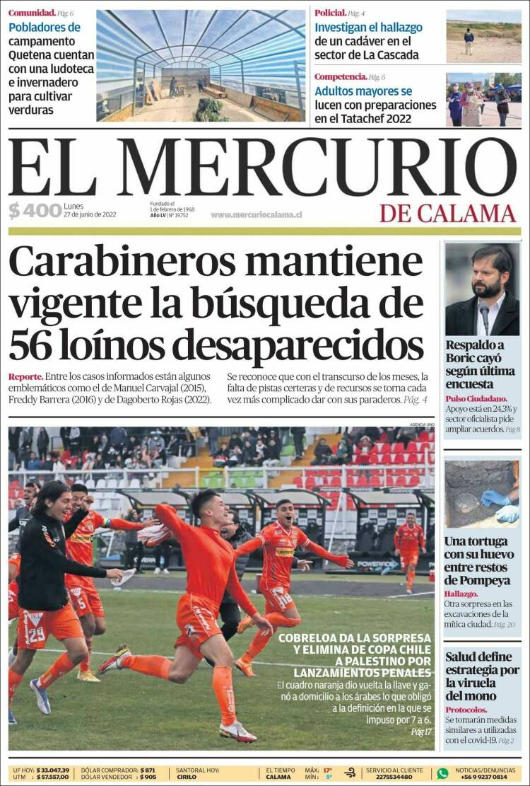 Portada de El Mercurio - Calama (Chile)