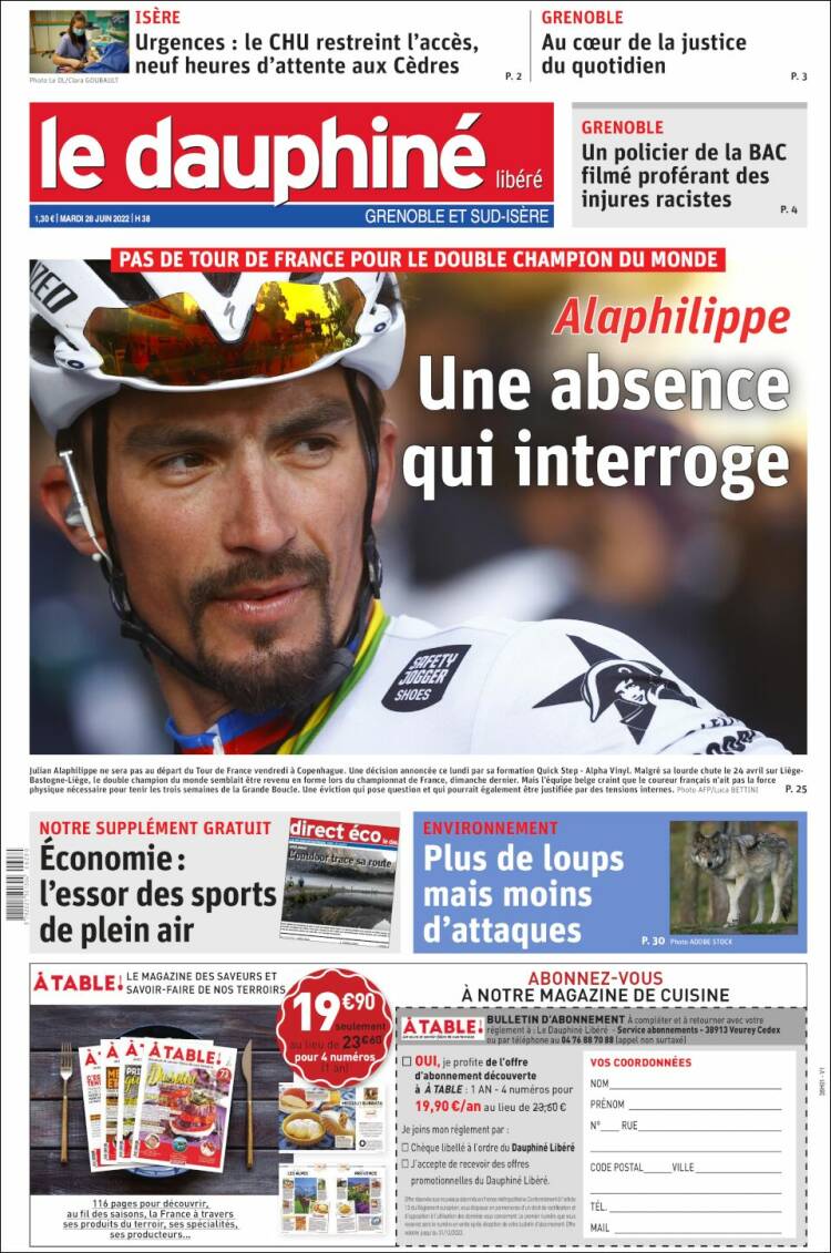 Portada de Le Dauphiné Libéré (Francia)