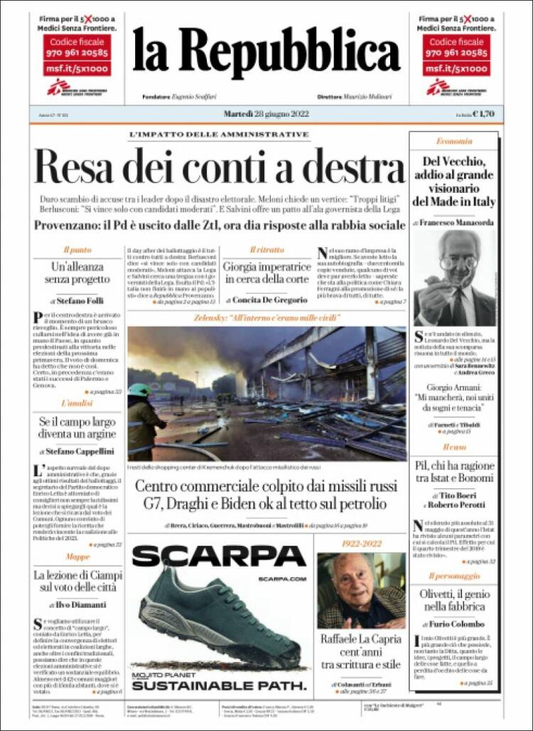 Portada de La Repubblica (Italia)