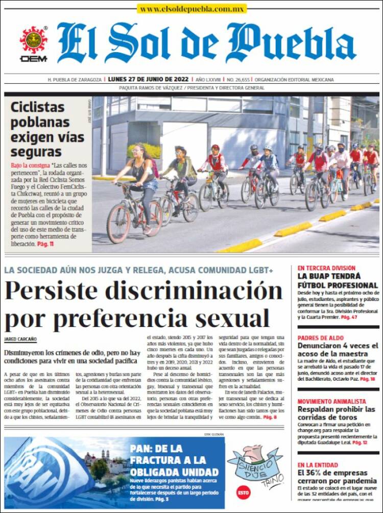 Portada de El Sol de Puebla (M&eacute;xico)