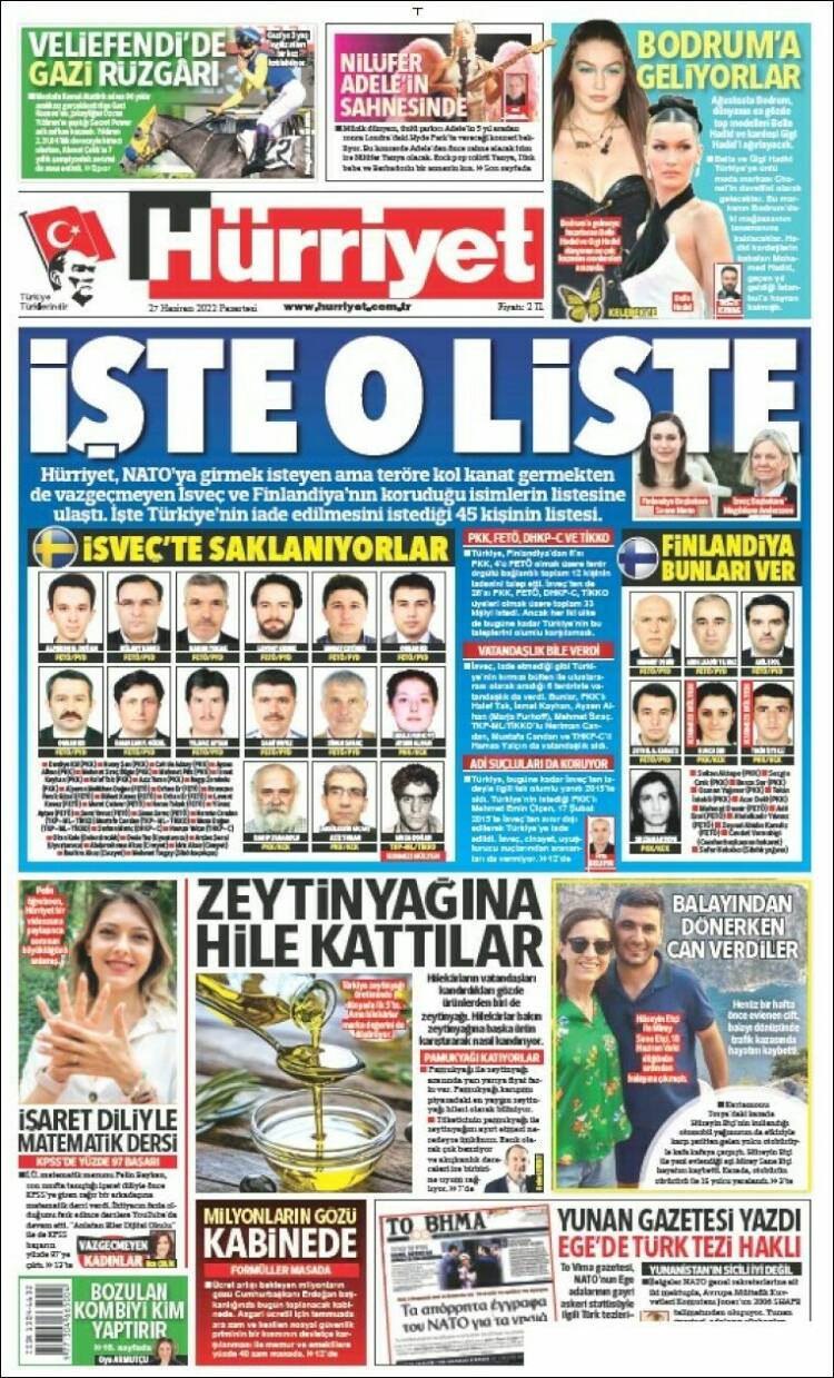 Portada de Hürriyet (Turqu&iacute;a)