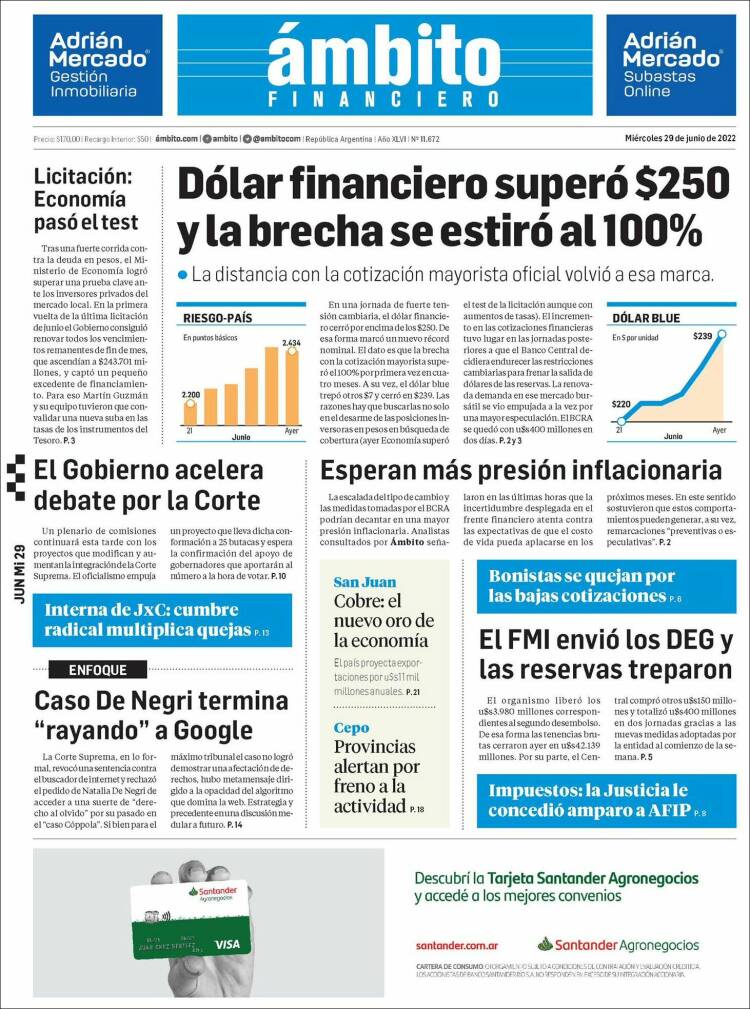 Portada de Diario Ambito Financiero (Argentina)