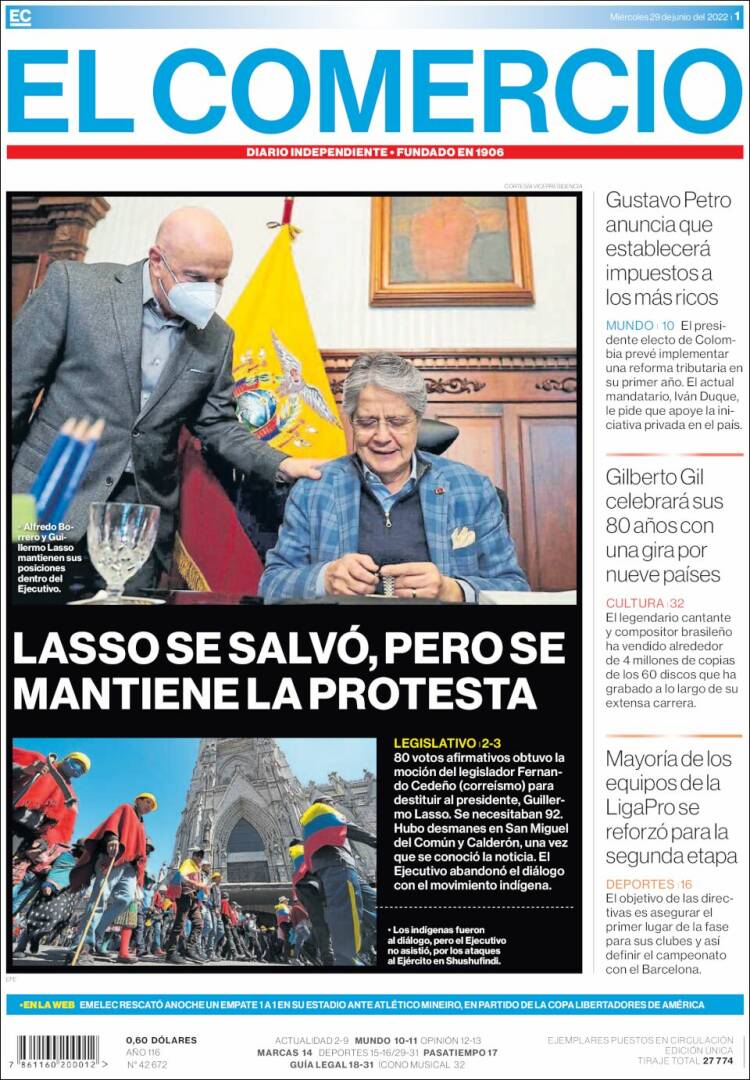 Portada de El Comercio (Équateur)