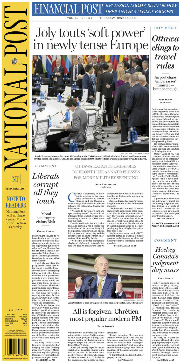 Portada de The National Post (Canadá)