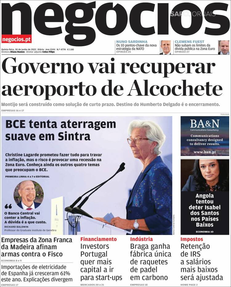 Portada de Jornal de Negócios (Portugal)