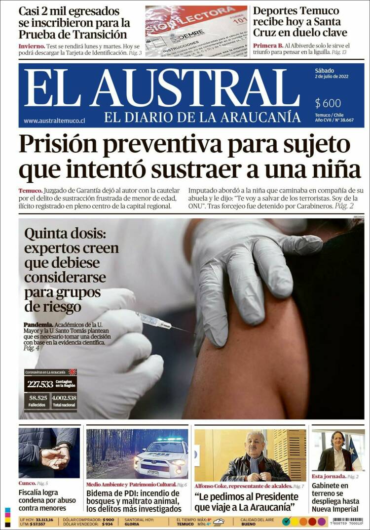 Portada de El Austral de Temuco (Chile)