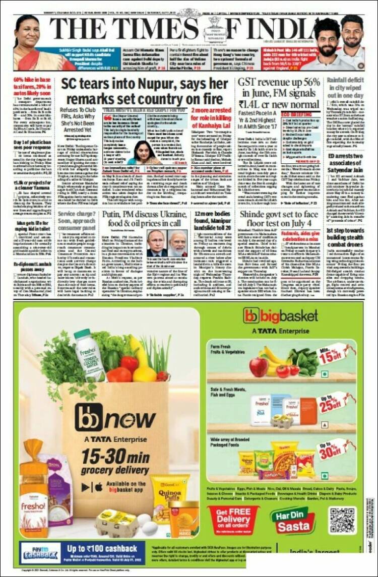 Portada de The Times of India (India)