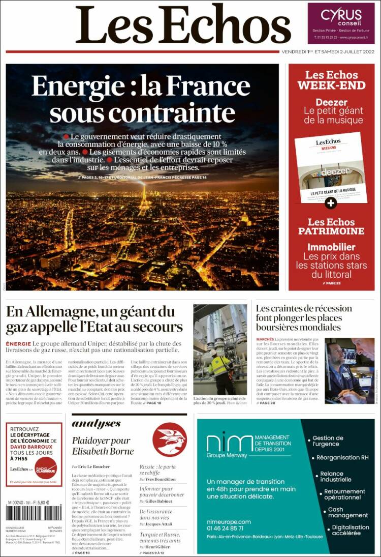 Portada de Les Echos (Francia)