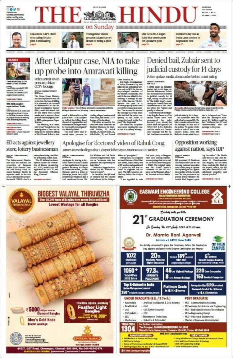 Portada de The Hindu (India)