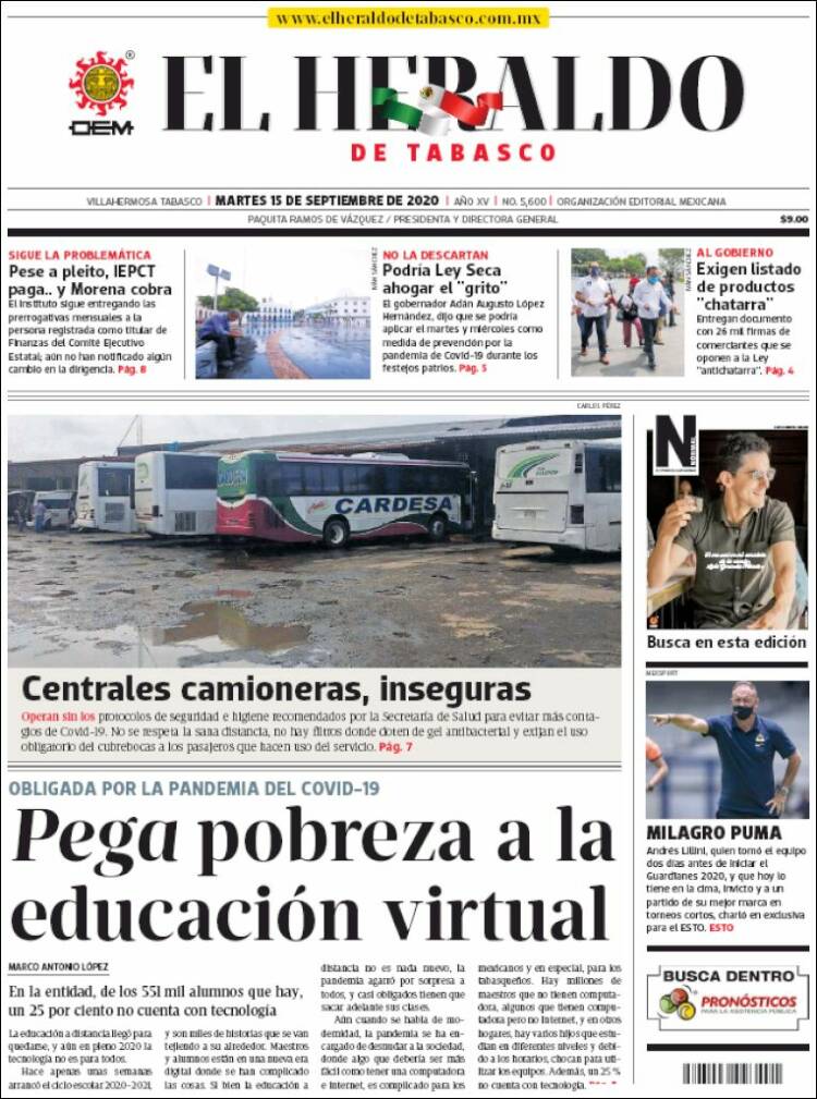 Portada de El Heraldo de Tabasco (M&eacute;xico)
