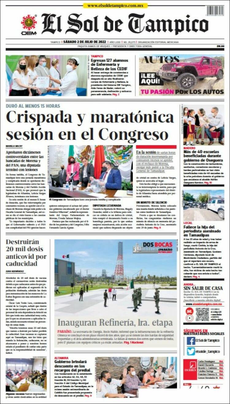 Portada de El Sol de Tampico (M&eacute;xico)