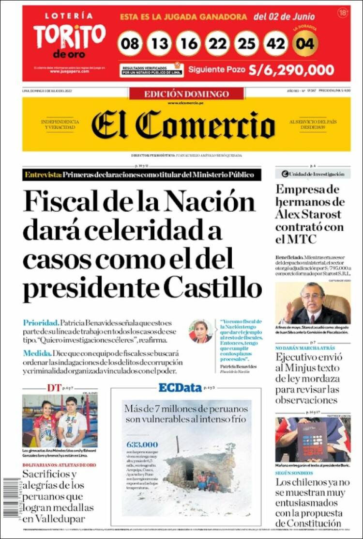 Portada de El Comercio (Per&uacute;)