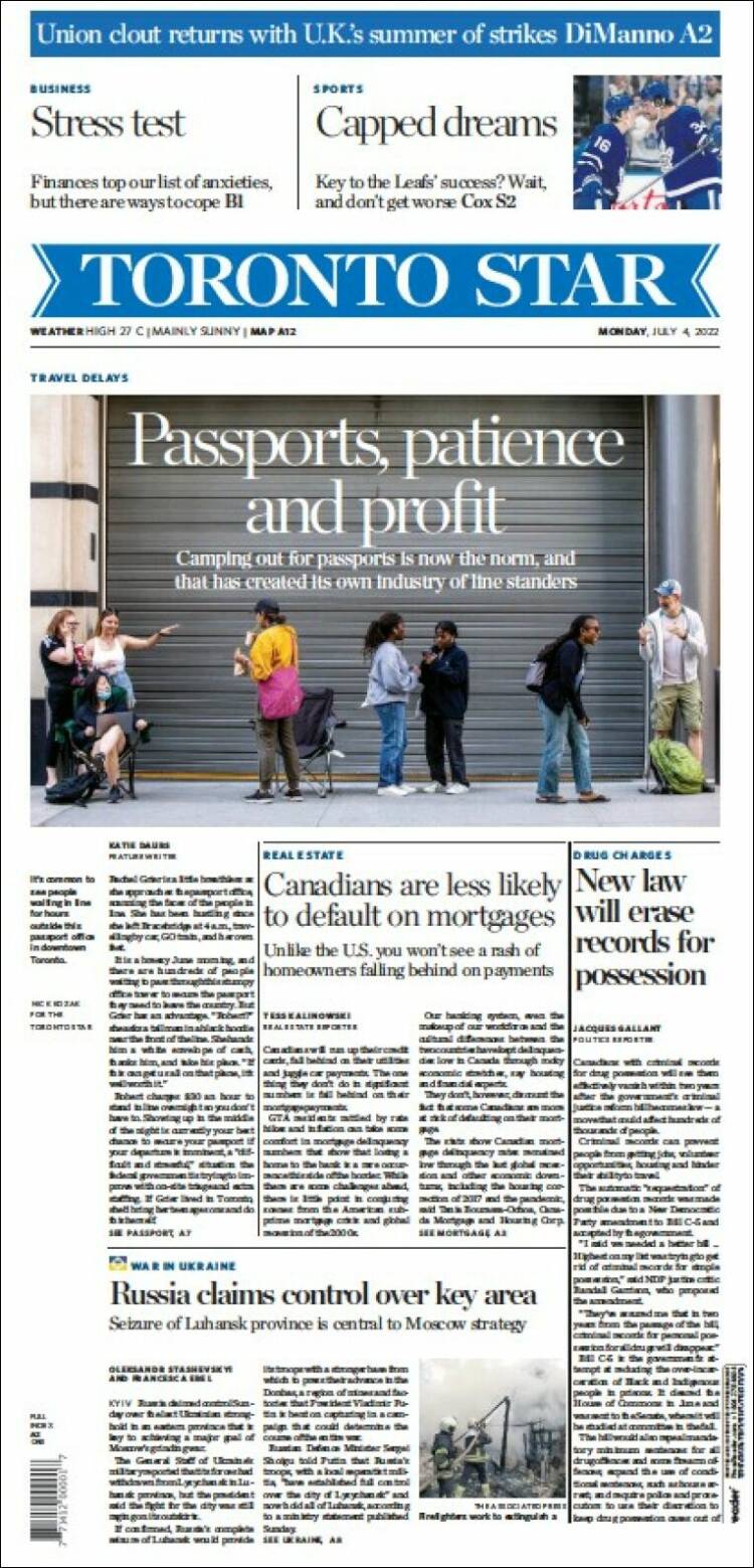 Portada de The Toronto Star (Canadá)