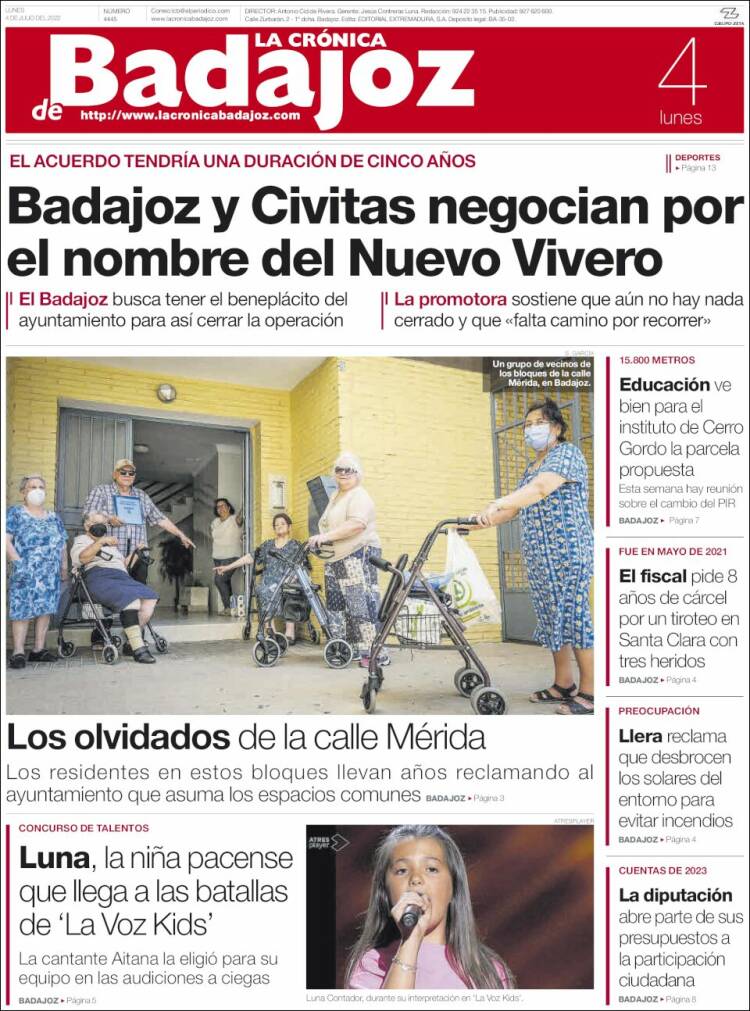 Portada de La Crónica de Badajoz (España)