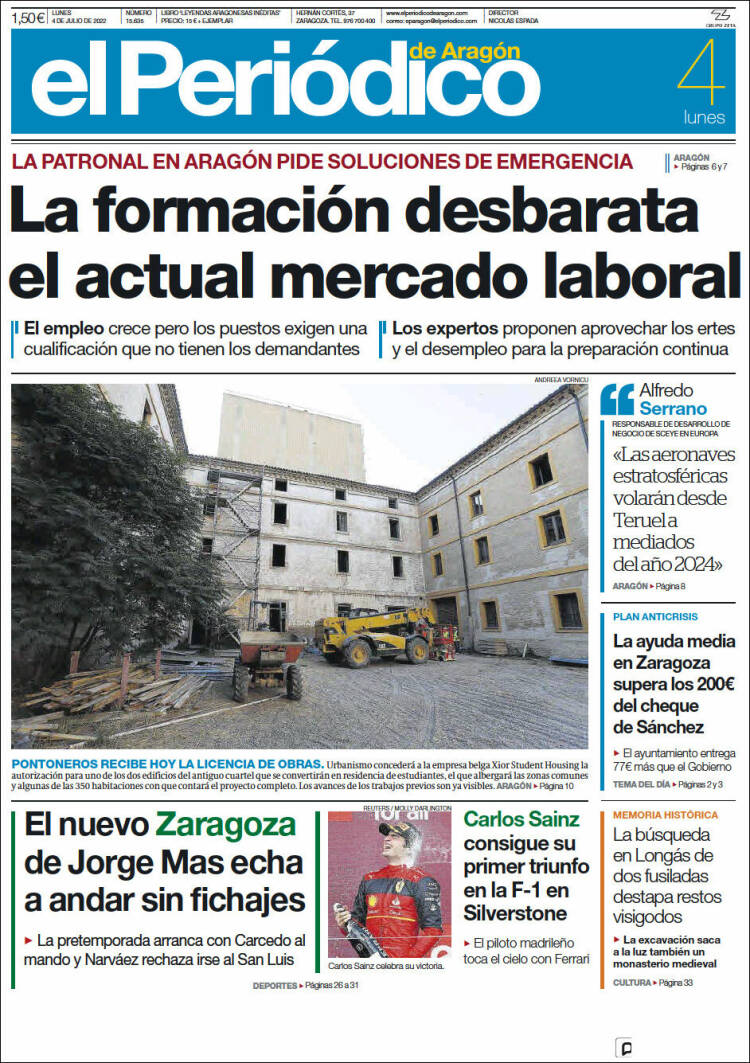 Portada de El Periódico de Aragón (España)