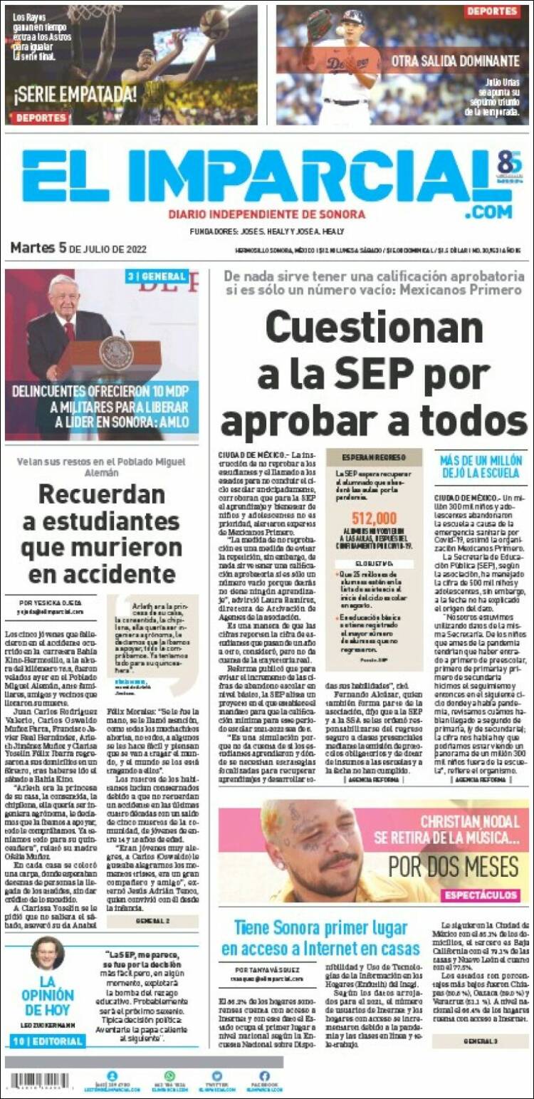 Periódico El Imparcial México Periódicos De México Edición De Martes 5 De Julio De 2022