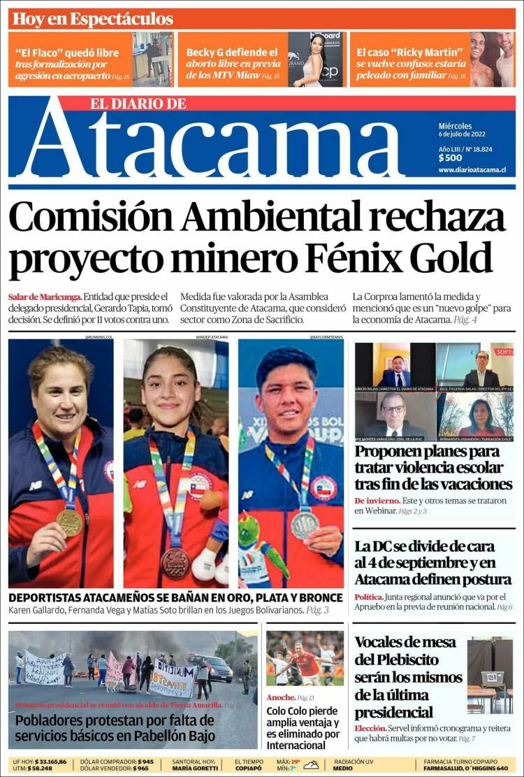 Portada de Diario de Atacama (Chile)